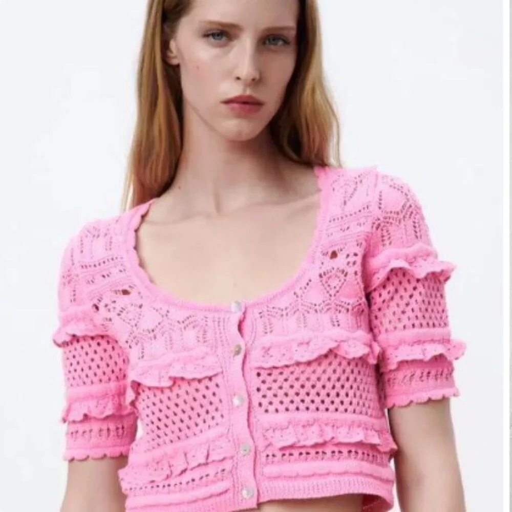 NEW ZARA Pink Cotton Knit Crochet Crop Top: Cottagecore Cardigan - Picture 3 of 16